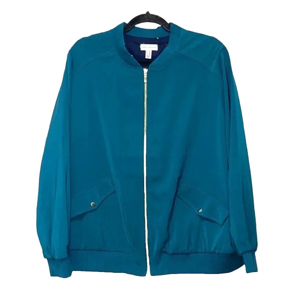 SUSAN GRAVER Silky Track Jacket GOLD ZIPPER ZIP-UP Teal Blue/Green Pockets M